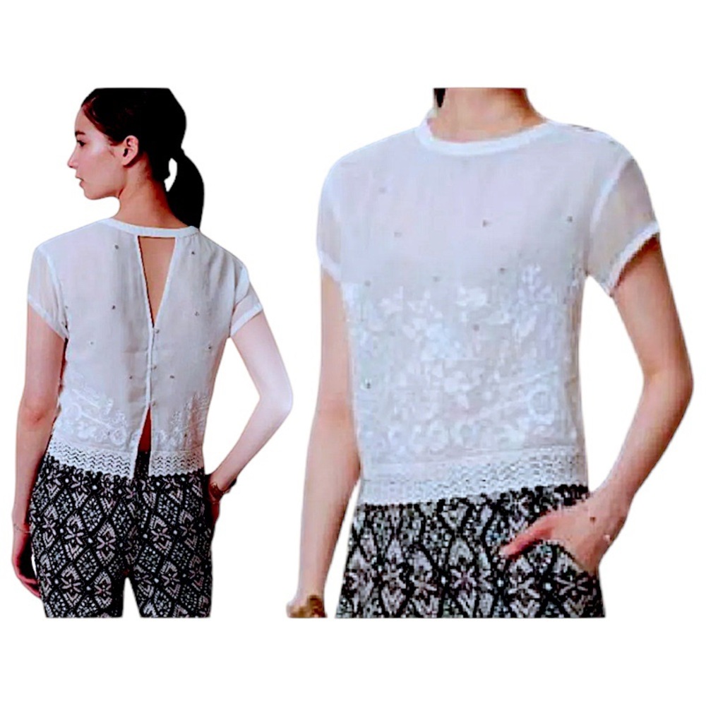 $148 Anthropologie Embroidered Heirloom Tee Small 2 4 White Top Shirt Blouse NWT